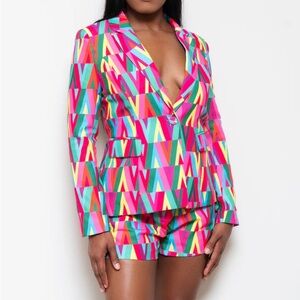 Vibrant Geo-Print Blazer & Short Set - Pink Multi